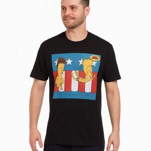 Beavis and Butt-Head Graphic T-Shirt XL Black MTV Retro Cartoon Tee USA Flag